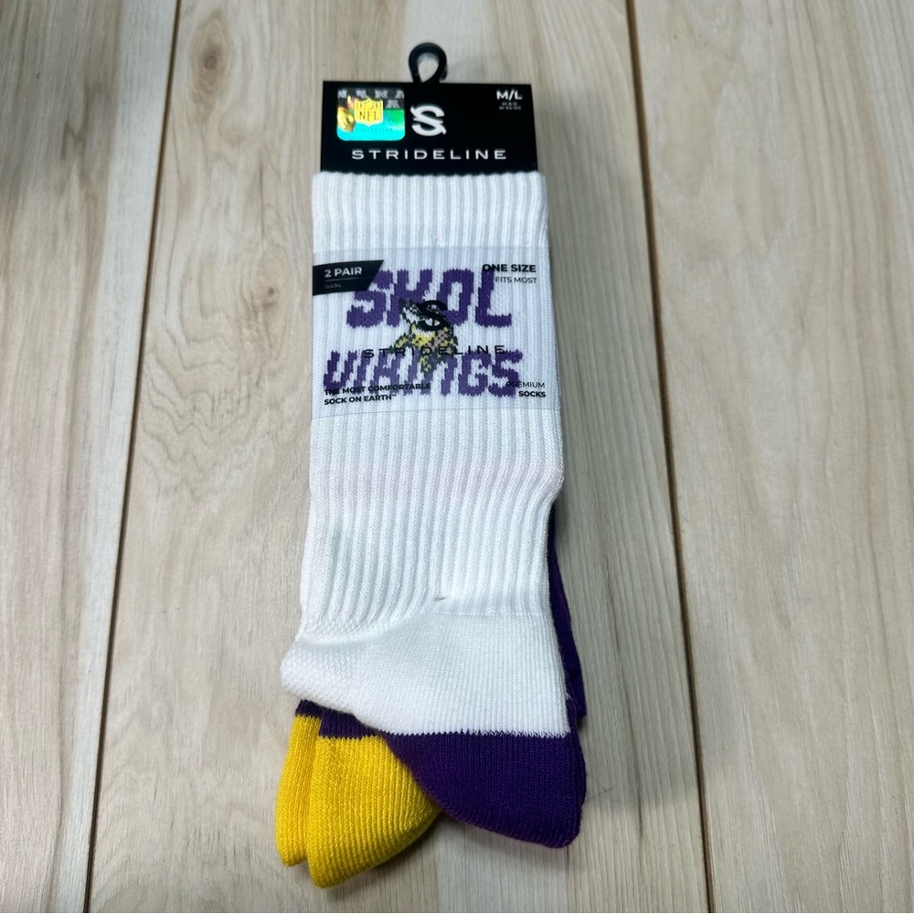 Strideline NFL Minnesota Vikings (2-SET) Premium Knit Crew Socks w/Team Logo M/L - Picture 2 of 7